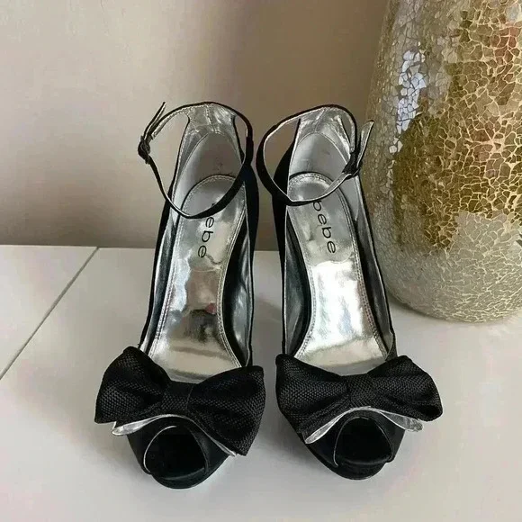 Bebe Hollace Black Peep Toe Heels Size 7 - Picture 6 of 13